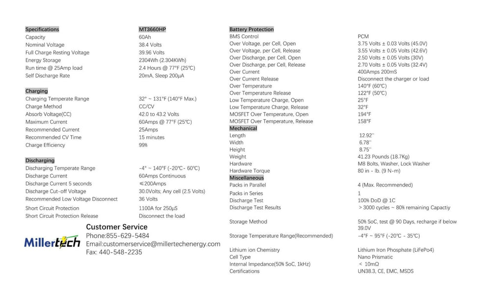 Millertech Sport Series 36v 60 AH Bluetooth Lithium Deep Cycle Battery