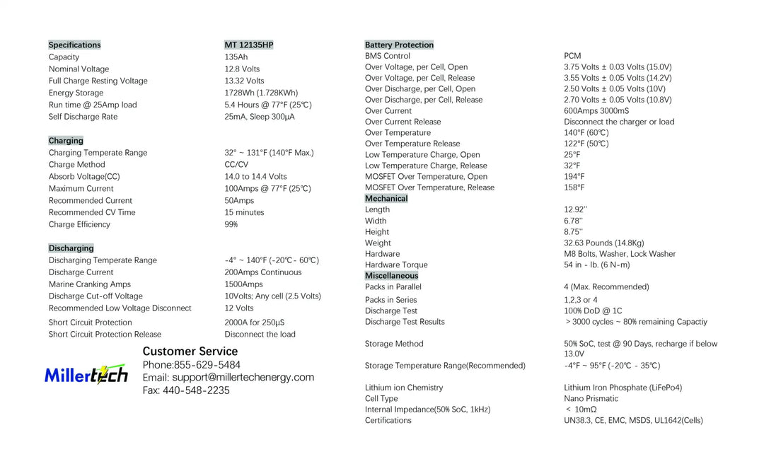 Millertech Sport Series 12v 135 AH Bluetooth Lithium Dual Purpose Battery