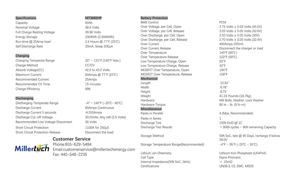 Millertech Sport Series 36v 60 AH Bluetooth Lithium Deep Cycle Battery