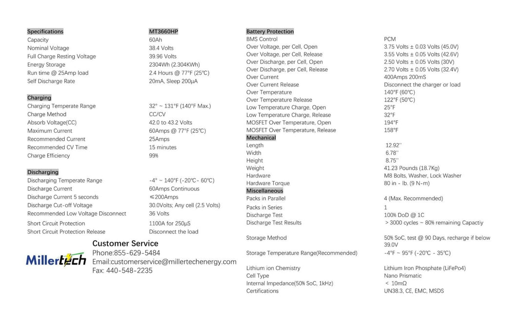 Millertech Sport Series 36v 60 AH Bluetooth Lithium Deep Cycle Battery