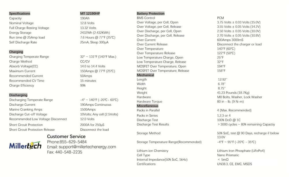 Millertech Sport Series 12v 190 AH Bluetooth Lithium Dual Purpose Battery